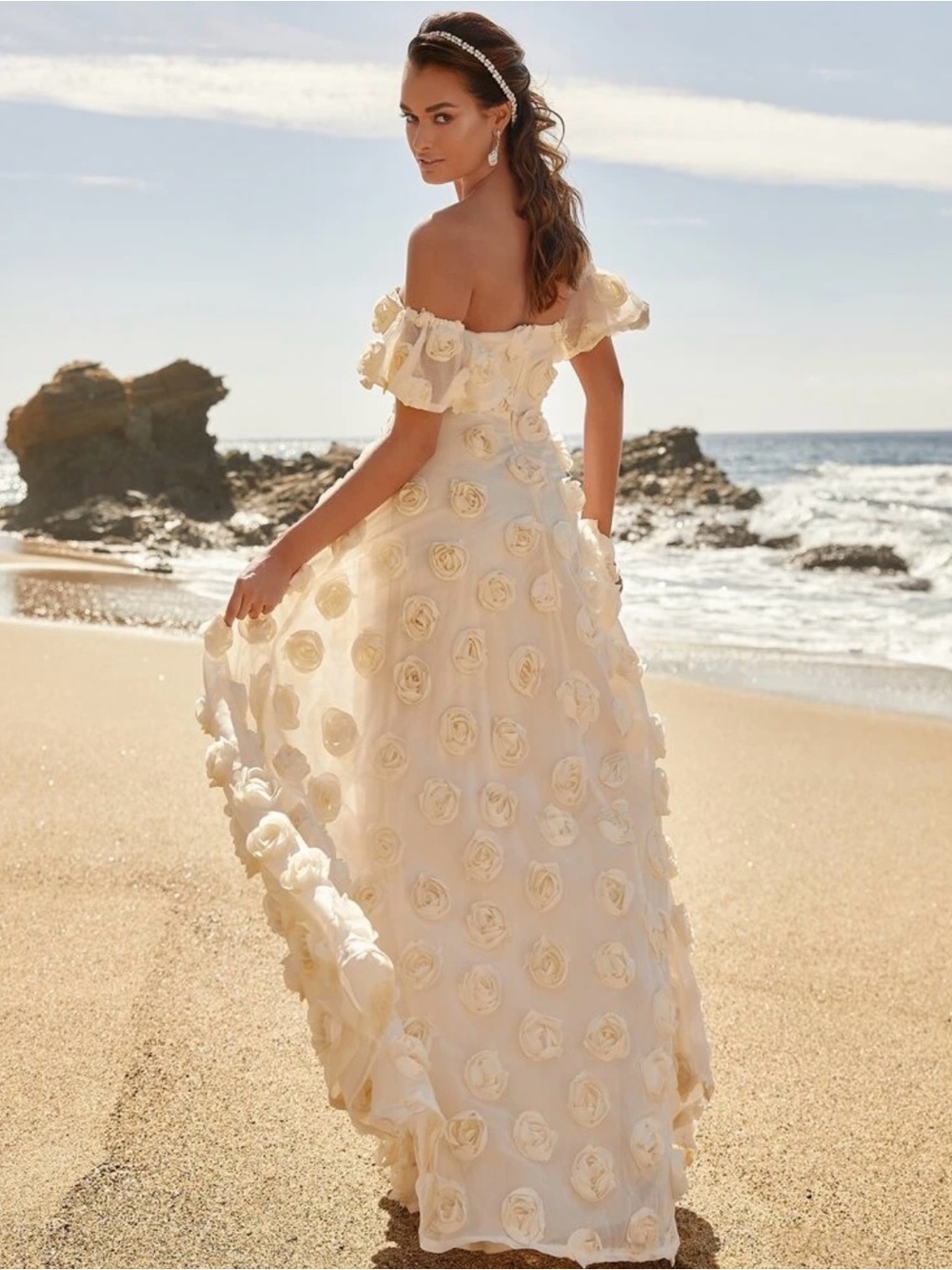Off-Shoulder Ivory Floral Appliqué Ball Gown Dress - Picture 5 of 5
